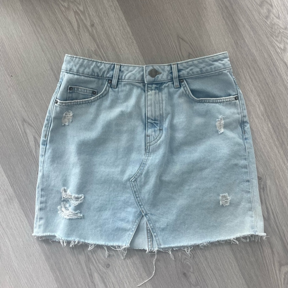 H&M Light Blue and Distressed Denim Mini Skirt - Size 6
